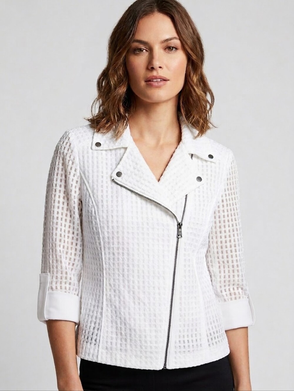 Tahari White Textured Checkered Sheer Mesh Asymmetrical Zip Moto Jacket Medium